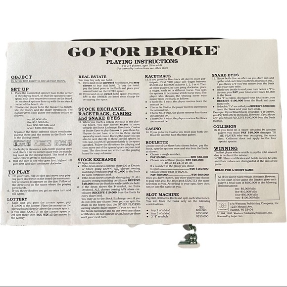 Vtg 1992 Go For Broke Board Game Ages 10 Up - Picture 11 of 12